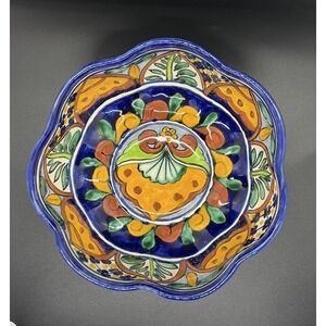 Talavera Pottery Bowl Mexico 8" Hand Painted Floral Folk Art Decorative Boho